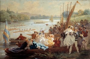 Regates en Argenteuil Parisiens picnic på søndag på bredden af Seinen, hvor roningsløb finder sted. Akvarel af Antony Morlon (1834-1914)