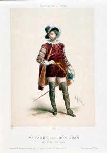Sangeren Jean-Baptiste (Jean Baptiste) Faure (1830-1914) opfører Don Giovanni (Don Juan) i operaen af samme navn af Wolfgang Amadeus Mozart (1756-1791) under en forestilling på Operateatret i Paris. Litografi af Antony Morlon (1834-1914) Colle
