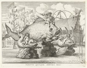 Spektakel med Triton på en kæmpe fisk; Ferdinands indtog i Gent i 1635 Pontvs Qvoqve serviet illi (titel på objekt) af Antony van der Does