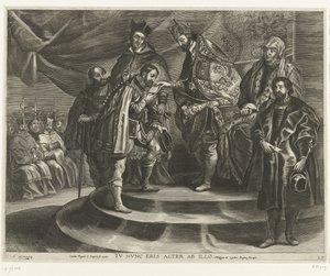 Troonsafsand van Karel V; intocht van Ferdinand te Gent i 1635 (blad 25) Charles fratog sig kongeriget og imperiet / Du vil nu være næst efter ham / Filip II tager riget fra sin far (titel på objektet) af Antony van der Does
