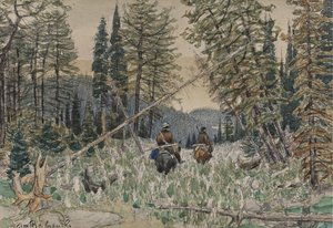Jægere til hest i en fyrreskov af Apollinari Mikhailovich Vasnetsov