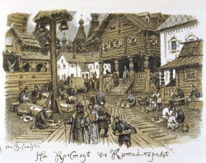 Kitai Gorod i det 17. århundrede (Kitay Gorod i det 17. århundrede). Forretningsdistrikt i centrum af Moskva (Rusland), beskrevet om vinteren med animation af købmændene midt i den traditionelle arkitektur. Værk af Appolinari Mikhaylovich Vasnetsov (1856-1 af Apollinari Mikhailovich Vasnetsov