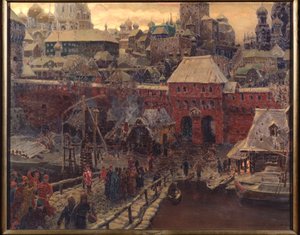 Moskva i det 17. århundrede, Moskvoretsky-broen og vandporten - Maleri af Appolinari Mikhaylovich Vasnetsov (1856-1933), olie på lærred af Apollinari Mikhailovich Vasnetsov