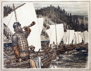 Yermak Timofeyevich (ca. 1540-1585) ved Irtysh-floden. (Yermak Timopheyevich på Irtysh). Episode af udforskningen og erobringen af ​​Sibirien, i 1583. Værk af Appolinari Mikhaylovich Vasnetsov (1856-1933), litografi 1916. Russisk kunst, 20.
