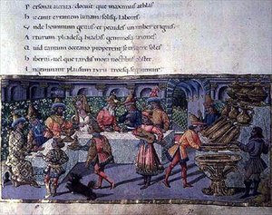 Ms 492 f.75 Banquetscene, fra Æneiden (pergament) af Apollonio di Giovanni di Tommaso