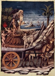 Tidens triumf, tidens vogn trukket af rådyr, miniature af Apollonio di Giovanni (1415 eller 1417-ca 1465) fra Triumfer, allegorisk digt af Francesco Petrarca (1304-1374), manuskript 1129, folio 42, verso, Italien