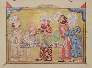 Lægerne besøger hans patient, scene fra The Maqamat af Al-Hariri (gouache på vellum)