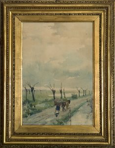 Landskab med personer 1918-19 (akvarel på kultegning)