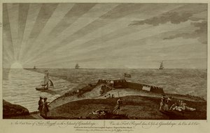 En gruppe soldater hviler på toppen af en bakke i forgrunden med Fort Royal bagved, sejlskibe og solen, der går ned i havet i baggrunden af Archibald (after) Campbell