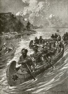 Samuel De Champlain i 1608 bestig St Lawrence-floden i kanoer af venlige indfødte amerikanske indianere (litho) af Archibald Bertram (after) Webb