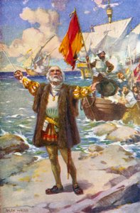Landingen af Columbus (farve litho) af Archibald Bertram (after) Webb