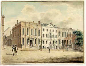 Nordøstlige hjørne af Wall and William Streets, New York City, 1798 (wc og blæk på papir)