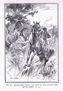 Løven sprang over Romer og slog ham med et slag af sadlen, 1900-tallet af Archibald Webb