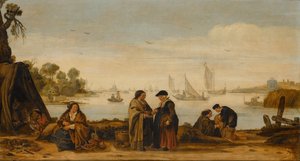 Flodlandskab med kvinder, der læser palmer