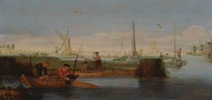 Flodscene med fiskere (olie på lærred) af Arentsz van der Cabel