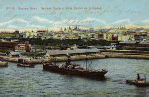 Norddok og delvis udsigt over byen, Buenos Aires, Argentina (farvet foto)