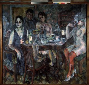 I kunstnerstudiet. Maleren repræsenterede sig selv, røg en cigaret, omgivet af nøgne kvinder, nær et bord med en samovar, flasker vin, glas, kopper og en skål frugt. En erotisk, tung og smægtende atmosfære