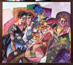 Kvinder og frugter. Tre kvinder i blomsterkjoler omgiver frugtskåle, en samovar, en flaske, en kande og en liggende nøgen kvinde. Maleri af Aristarkh Vasilyevich Lentulov (Lentulov) (1882-1943), olie på lærred af Aristarkh Vasilievic Lentulov