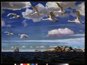 Blå frihed. Træk af vilde gæs, der flyver over havet. Maleri af Arkadi (Arkady) Alexandrovich Rylov (1870-1939), olie på lærred