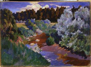Landskab med en flod. Maleri af Arkadi (Arkady) Alexandrovich Rylov (1870-1939), olie på lærred. Russisk kunst, slutningen af ​​det 19.-begyndelsen af ​​det 20. århundrede. Det russiske statsmuseum, Sankt Petersborg.