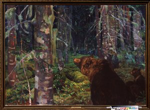 En bjørn. (Med sine unge, i en skov af nåletræer). Maleri af Arkadi (Arkady) Alexandrovich Rylov (1870-1939), olie på lærred