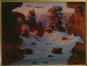 Vinterlandskab ved solnedgang (Sunset Effect). Maleri af Alexander Ivanovich Kuindzhi (Kouindji) (1842-1910). Olie på lærred. Mål: 39 x 53 cm. Sankt Petersborg, Statens russiske museumsmuseum