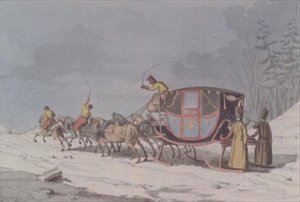 Hest og vogn på slæder fra `Customs and Habits of the Russians