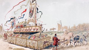 En kongelig pram bliver trukket på en vogn af heste til en kanal i det 16. århundrede af Armand Jean Heins
