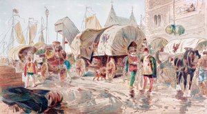 Hestetrukne vogne fulde af varer og tilhørende Hanseforbundet ankommer til en havn, 1500-tallet, 1886 af Armand Jean Heins