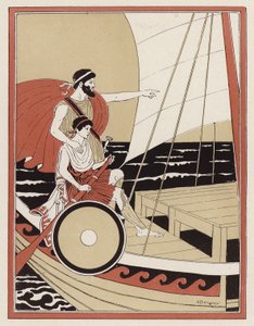 Athena guider Telemachus i hans søgen efter Odysseus (farve litho)