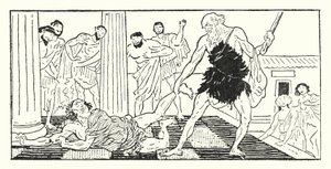 Odysseus trækker Irus ud af hallen (litho)