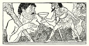 Odysseus tilbyder en kop vin til kæmpen Polyphemus (litho)