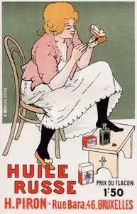 Livsstil. Fashion. Russisk olie, reparation af sko. Plakat af Armand Rassenfosse, Belgien, ca. 1895 (plakat) af Armand Rassenfosse