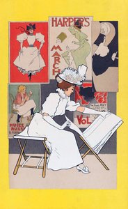 Kvinde ser på print i kunstbutik af Armand Rassenfosse
