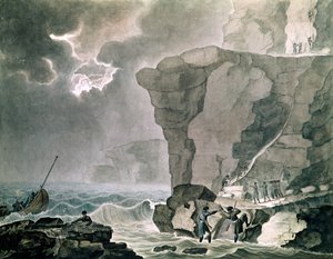 Landing af de sammensvorne i Cadoudal-affæren ved Cliff of Biville nær Dieppe, 16. januar 1804 (wc på papir) af Armand de Polignac