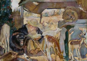 Sankt Antonius blandt dyr, af Armando Spadini (1883-1925), olie på bord, 66x96 cm