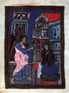 Bebudelsen. Ærkeenglen Gabriel besøger Jomfru Maria. Belysning af mesteren af ​​Codex Matenadaran (1200-tallet), miniature, akvarel på pergament