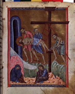 Deponeringen. Er repræsenteret: Sankt Maria Magdalena, Jomfru Maria, Jesus Kristus, Josef af Arimatæa, Sankt Nikodemus og Sankt Johannes. Belysning af mesteren af ​​Codex Matenadaran (1200-tallet), miniature, akvarel på pergament