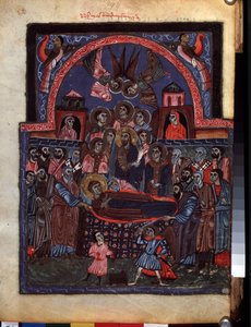 Jomfruens Dormition. (Jomfruens Dormition). Belysning af mesteren af ​​Codex Matenadaran (1200-tallet), miniature, akvarel på pergament af Armenian School