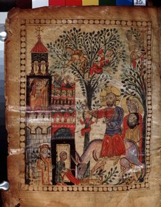 Kristi indtog i Jerusalem (Israel). Belysning af mesteren af ​​Codex Matenadaran (1200-tallet), miniature, akvarel på pergament
