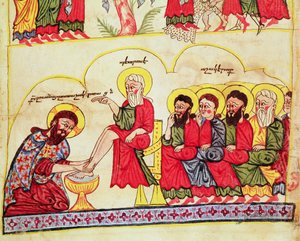 Ms 404 fol.7v Kristus vasker disciplenes fødder, 12.-13. århundrede