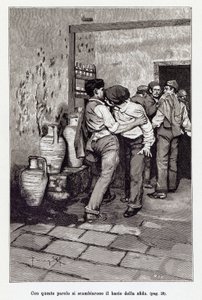 Invitation til den sicilianske duel af det dødelige "kys", faktisk en bid i øret. Illustration af Arnaldo Ferraguti til den nye "" Cavalleria Rusticana "" af Giovanni Verga. 1897
