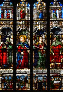 Sankt Matthias (Mathias), Ezra (eller Ezra), profeten Habakkuk (eller Habakkuk) og Sibylle Tiburtine (eller Albunea af Tibur) - Glasmosaik af Passionskapellet af Arnaud de Moles (1470-1520) færdiggjort i 1513 - Cathedral of St. Mary of Auch (Ger