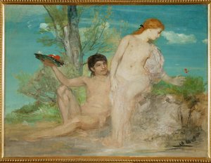 Paar vor einer Baumgruppe - Par foran en gruppe træer ... (maleri på lærred) af Arnold Böcklin