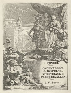 Afhuggede hoveder for en monark på en trone Titelside for: L. van den Bos, Ulykkesteatret og sidespil af vorstelycke sorg, 1699 af Arnold Houbraken