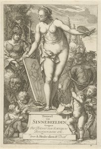 Personificering af maleri på en piedestal Titeltryk af: Toneel van sinnebeelden, anden del Scene med syndestatuer åbnet til tjeneste for malere, billedholdere osv. (serietitel på objekt)