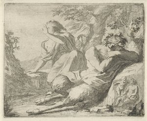 Satyr og kvindelig figur dækker øjnene fra sollys Scene med syndestatuer åbnet til tjeneste for malere, statueholdere osv. (serietitel) af Arnold Houbraken