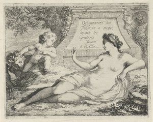 Venus spioneret af en satyr Ordonnances des tableaux a mettre devant les Gemineés (titel på objekt) Scene med syndestatuer åbnet til tjeneste for malere, statueholdere osv. (serietitel) af Arnold Houbraken