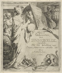 Kvindefigur med palet, der peger på et maleri Titeltryk af: Toneel van Sinnebeelden, tredje del Ny Ordonantien van Sinnebeelde, Velegnet til maleri af Deure Haartslee-stucke, etc. (titel på objekt) Scene med syndebilleder åbnede for at dø af Arnold Houbraken