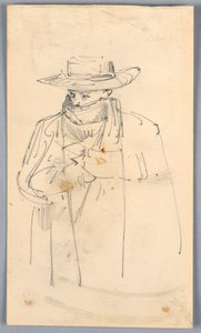 Skitse af mand i frakke og tørklæde af Arnold William Brunner